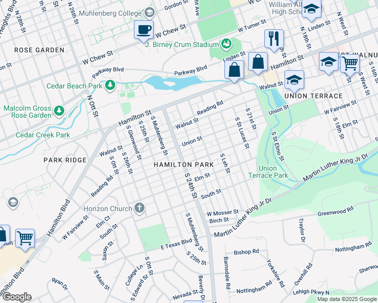 map of restaurants, bars, coffee shops, grocery stores, and more near 214-218 South Berks Street in Allentown