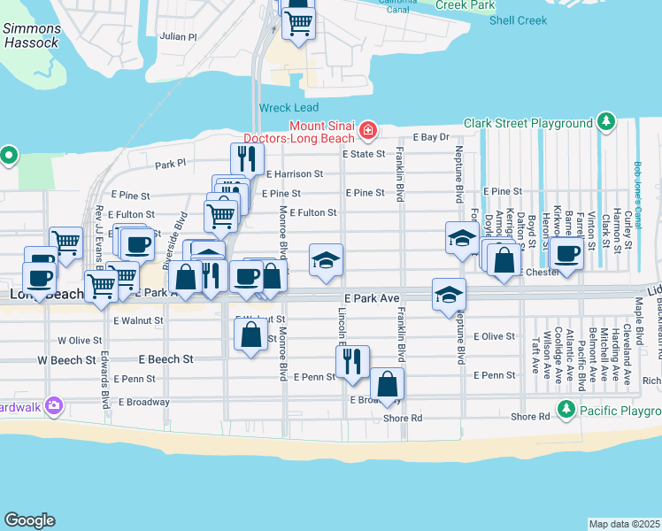 map of restaurants, bars, coffee shops, grocery stores, and more near 471 Lincoln Boulevard in Long Beach