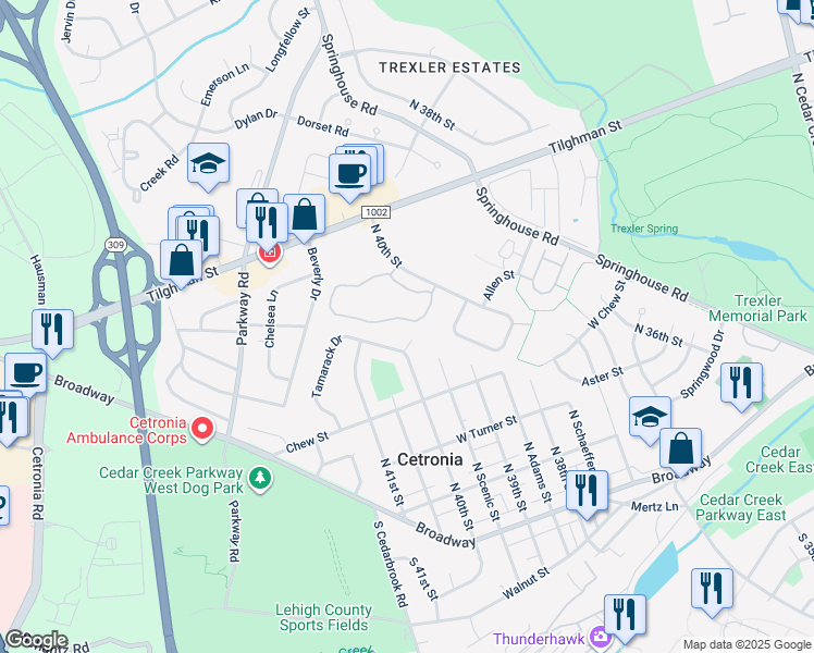 map of restaurants, bars, coffee shops, grocery stores, and more near 4068 Primrose Drive in Allentown