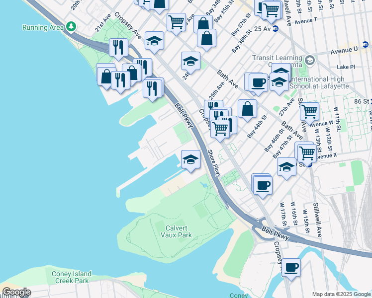 map of restaurants, bars, coffee shops, grocery stores, and more near 1894 Shore Parkway in Brooklyn