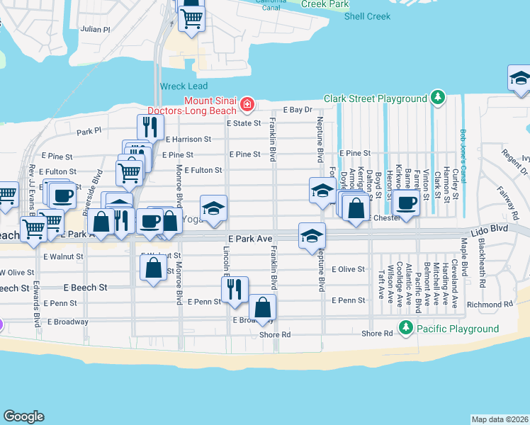 map of restaurants, bars, coffee shops, grocery stores, and more near 473 Franklin Boulevard in Long Beach