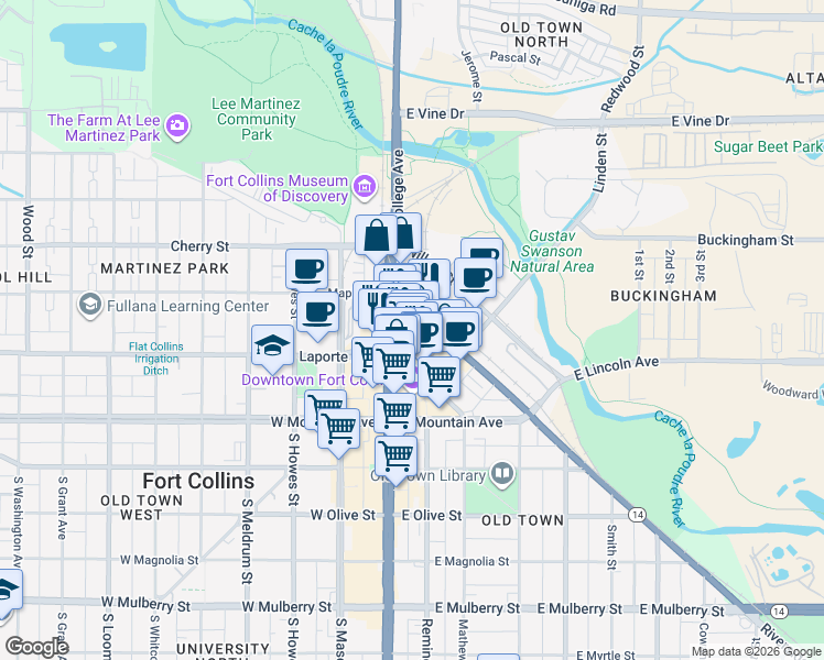map of restaurants, bars, coffee shops, grocery stores, and more near 242 North College Avenue in Fort Collins