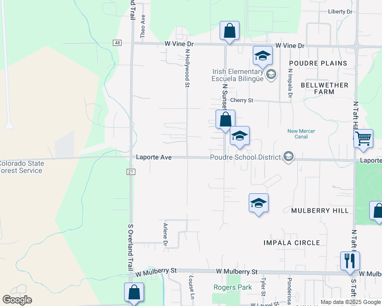 map of restaurants, bars, coffee shops, grocery stores, and more near 206 North Hollywood Street in Fort Collins