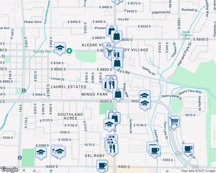 map of restaurants, bars, coffee shops, grocery stores, and more near 8850 South 700 East in Sandy