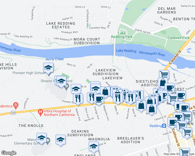 map of restaurants, bars, coffee shops, grocery stores, and more near 798 West Street in Redding