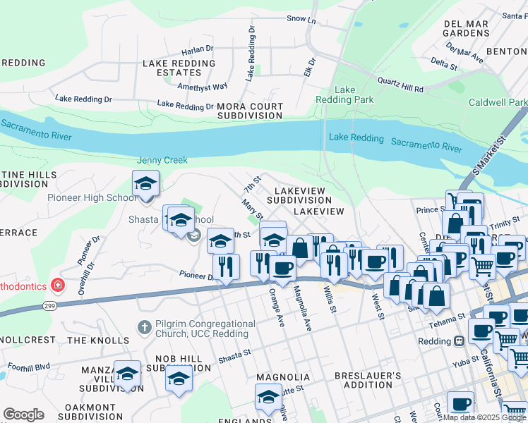 map of restaurants, bars, coffee shops, grocery stores, and more near 798 West Street in Redding