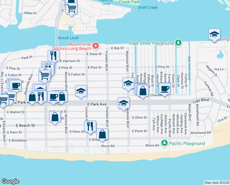 map of restaurants, bars, coffee shops, grocery stores, and more near 532 East Market Street in Long Beach