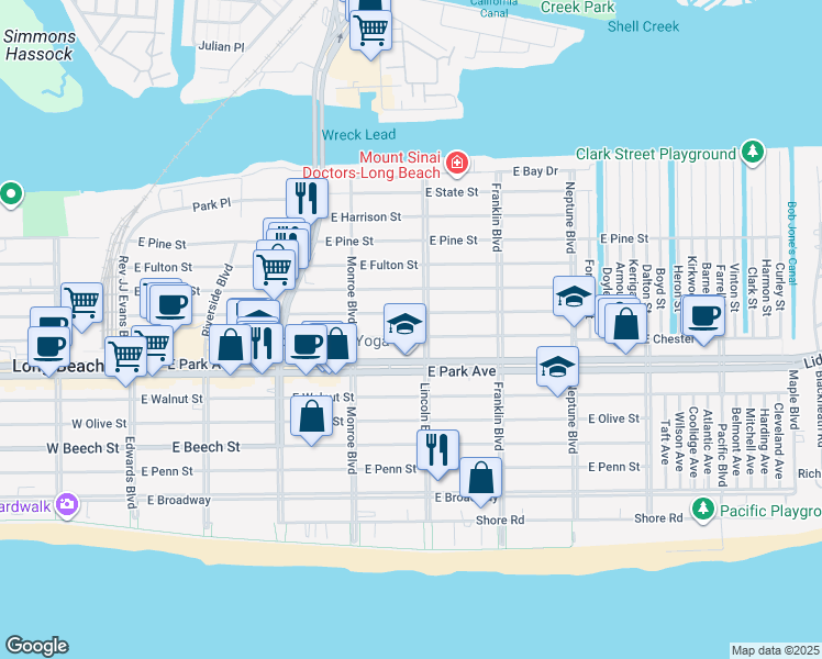 map of restaurants, bars, coffee shops, grocery stores, and more near 471 Lincoln Boulevard in Long Beach