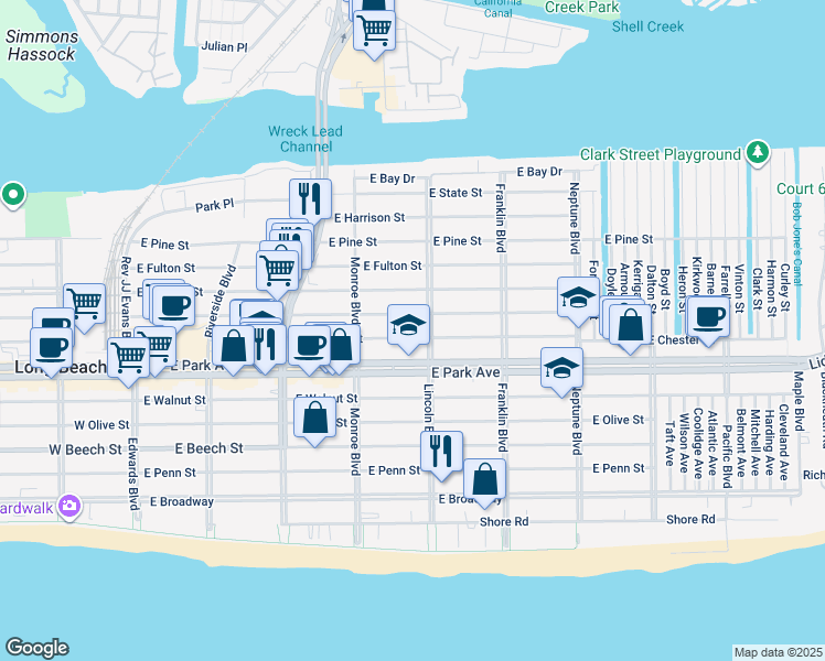 map of restaurants, bars, coffee shops, grocery stores, and more near 471 Lincoln Boulevard in Long Beach