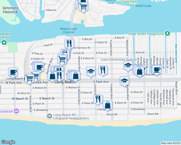 map of restaurants, bars, coffee shops, grocery stores, and more near 471 Lincoln Boulevard in Long Beach
