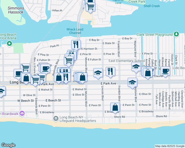 map of restaurants, bars, coffee shops, grocery stores, and more near 320 East Market Street in Long Beach