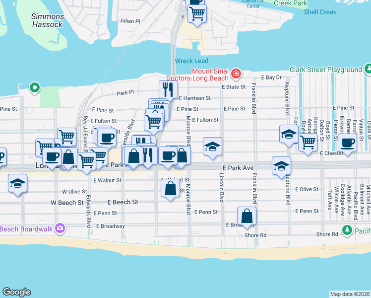map of restaurants, bars, coffee shops, grocery stores, and more near 250 East Market Street in Long Beach
