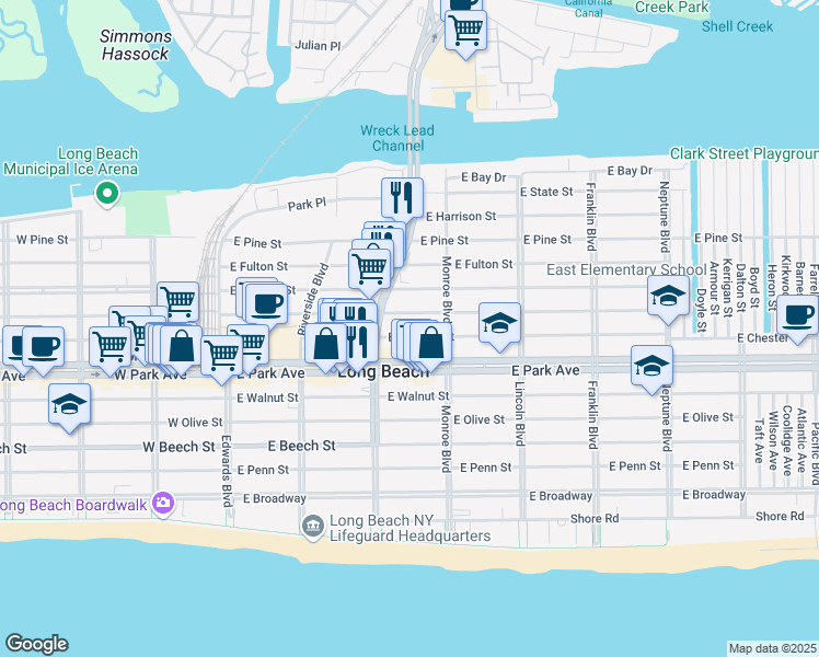 map of restaurants, bars, coffee shops, grocery stores, and more near 206 East Market Street in Long Beach