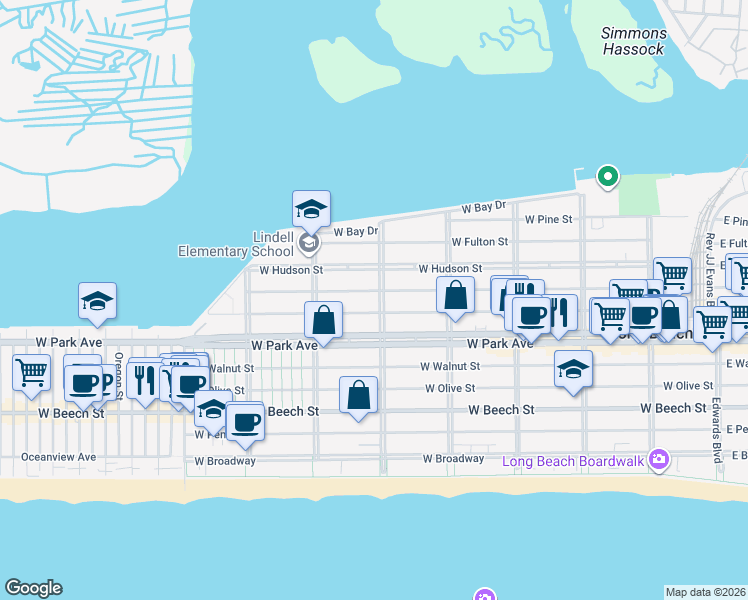 map of restaurants, bars, coffee shops, grocery stores, and more near 501 Washington Boulevard in Long Beach