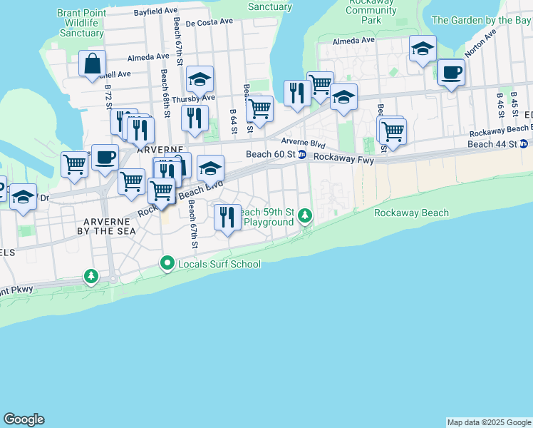 map of restaurants, bars, coffee shops, grocery stores, and more near 138 Beach 62nd Street in Queens