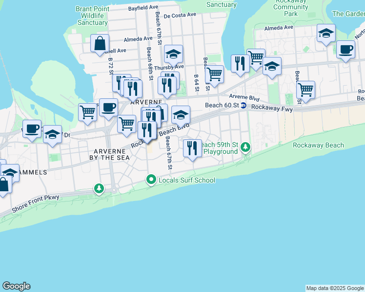 map of restaurants, bars, coffee shops, grocery stores, and more near 6505 Ocean Avenue North in Queens