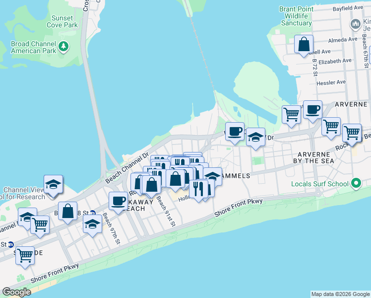 map of restaurants, bars, coffee shops, grocery stores, and more near 3-46 Beach 87th Street in Queens