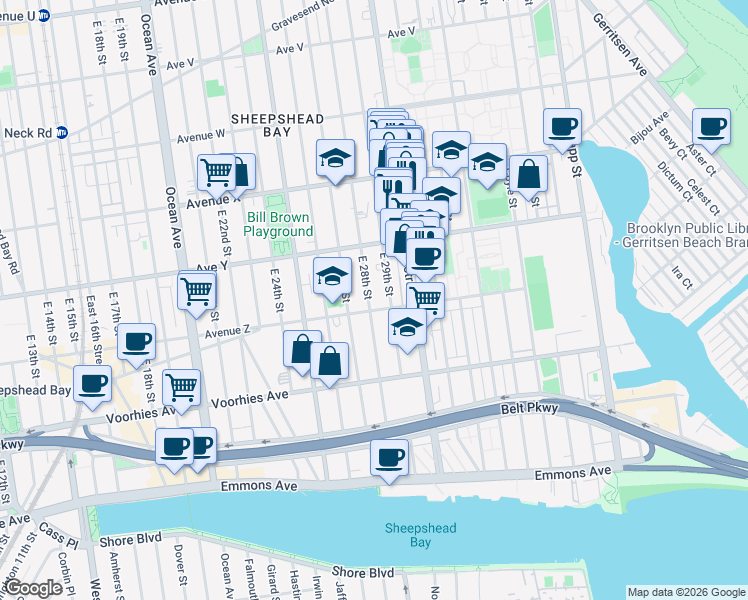 map of restaurants, bars, coffee shops, grocery stores, and more near 2560 East 29th Street in Brooklyn