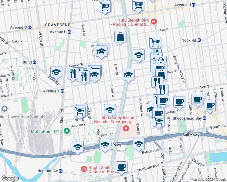 map of restaurants, bars, coffee shops, grocery stores, and more near 20 Ocean Court in Brooklyn