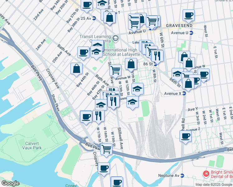 map of restaurants, bars, coffee shops, grocery stores, and more near 2351 West 13th Street in Brooklyn