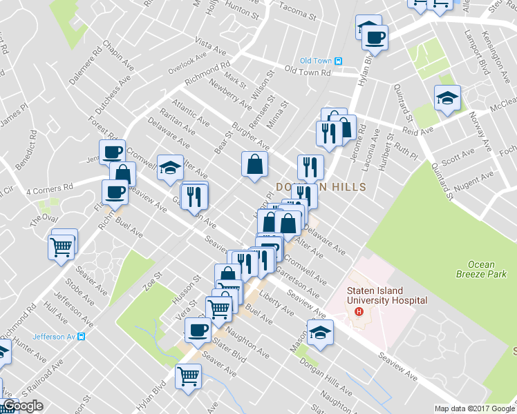 map of restaurants, bars, coffee shops, grocery stores, and more near 252 Delaware Avenue in Staten Island