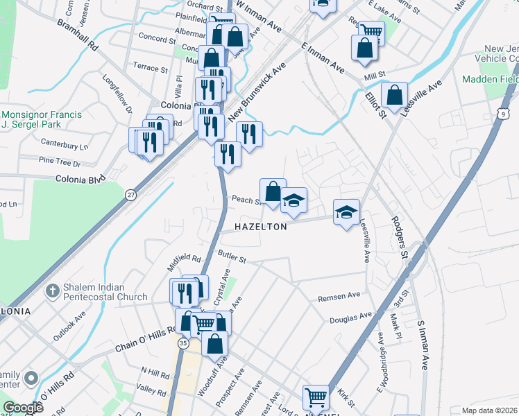 map of restaurants, bars, coffee shops, grocery stores, and more near 116 Peach Street in Woodbridge Township