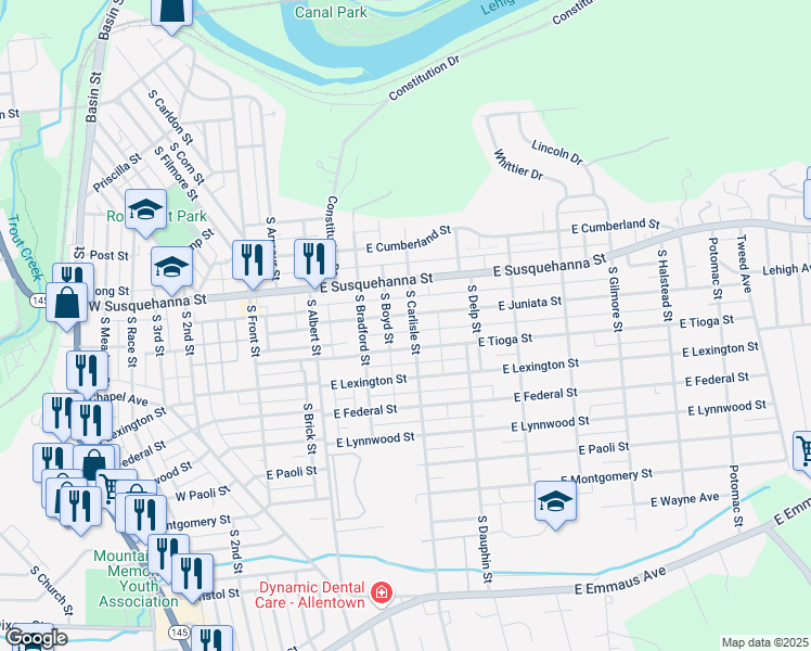 map of restaurants, bars, coffee shops, grocery stores, and more near 242 East Juniata Street in Allentown