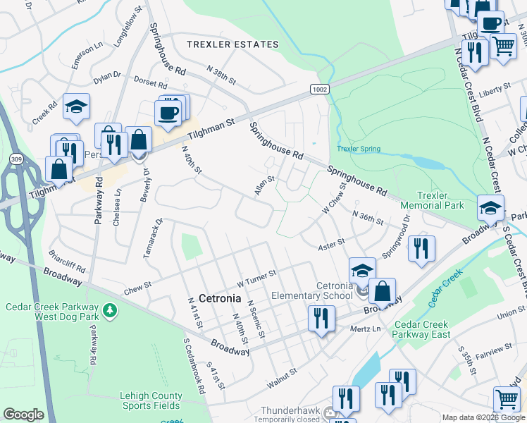 map of restaurants, bars, coffee shops, grocery stores, and more near 530 North 40th Street in Allentown
