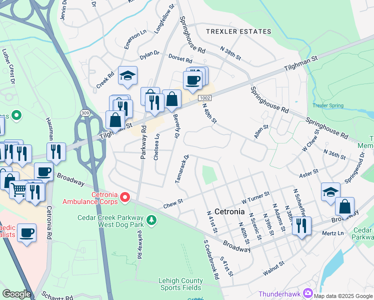 map of restaurants, bars, coffee shops, grocery stores, and more near 4093 Primrose Drive in Allentown
