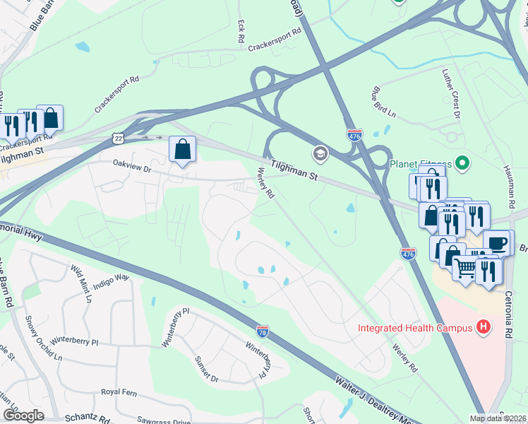 map of restaurants, bars, coffee shops, grocery stores, and more near 721 Rockrose Lane in Allentown