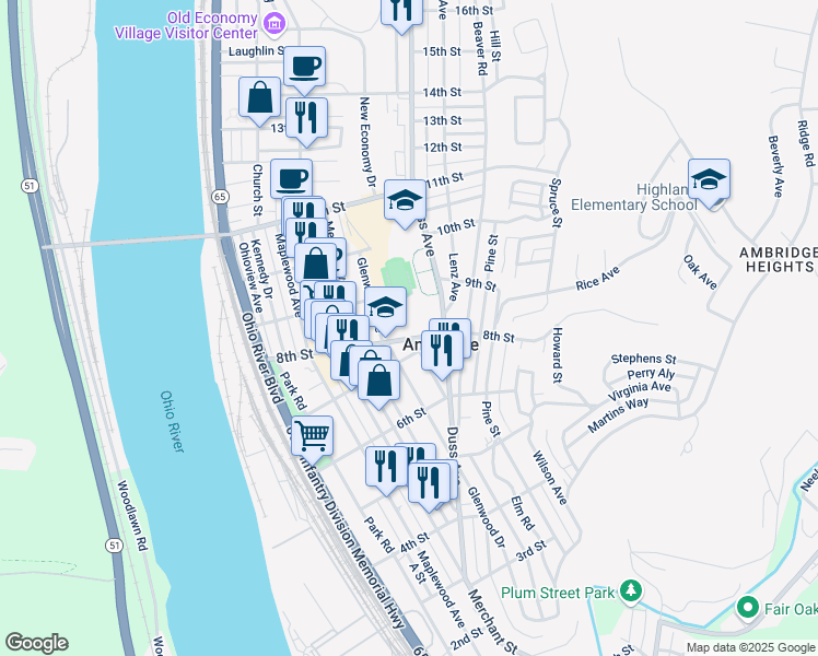 map of restaurants, bars, coffee shops, grocery stores, and more near 533 8th Street in Ambridge