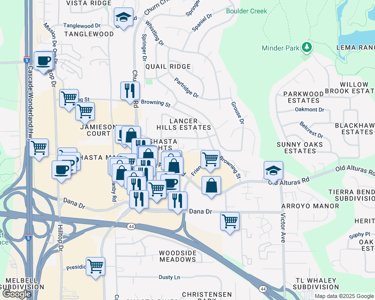 map of restaurants, bars, coffee shops, grocery stores, and more near 1365 Serrano Place in Redding