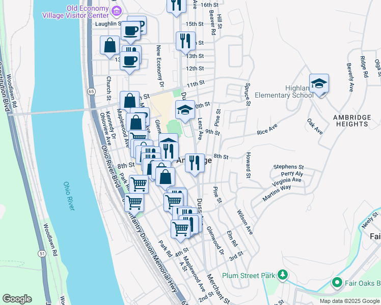 map of restaurants, bars, coffee shops, grocery stores, and more near 551 8th Street in Ambridge