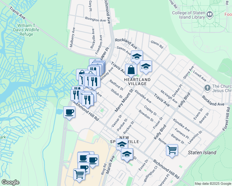 map of restaurants, bars, coffee shops, grocery stores, and more near Shiloh Street in Staten Island