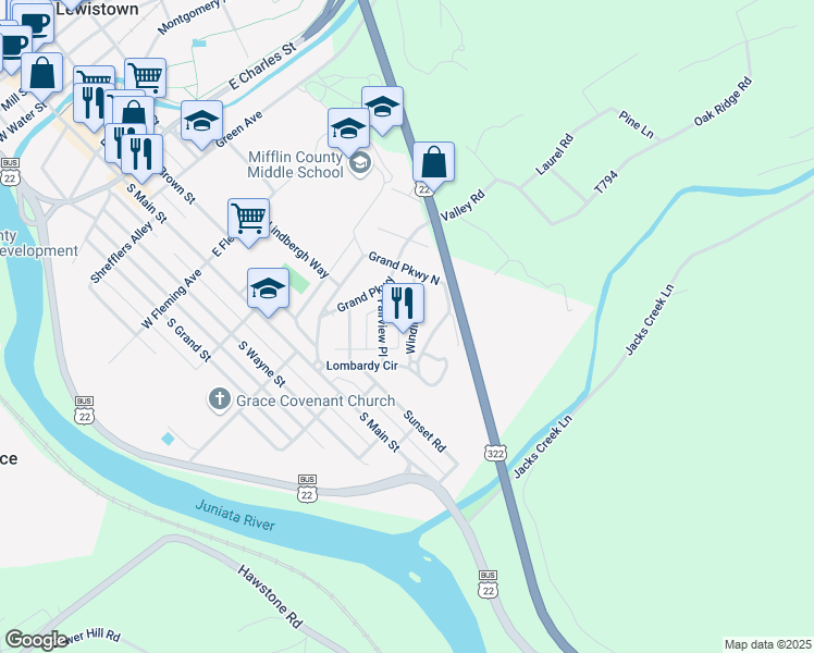 map of restaurants, bars, coffee shops, grocery stores, and more near 7 Winding Way in Lewistown