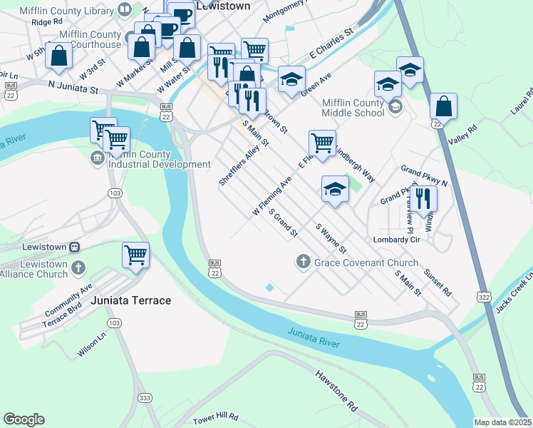 map of restaurants, bars, coffee shops, grocery stores, and more near 504 South Grand Street in Lewistown