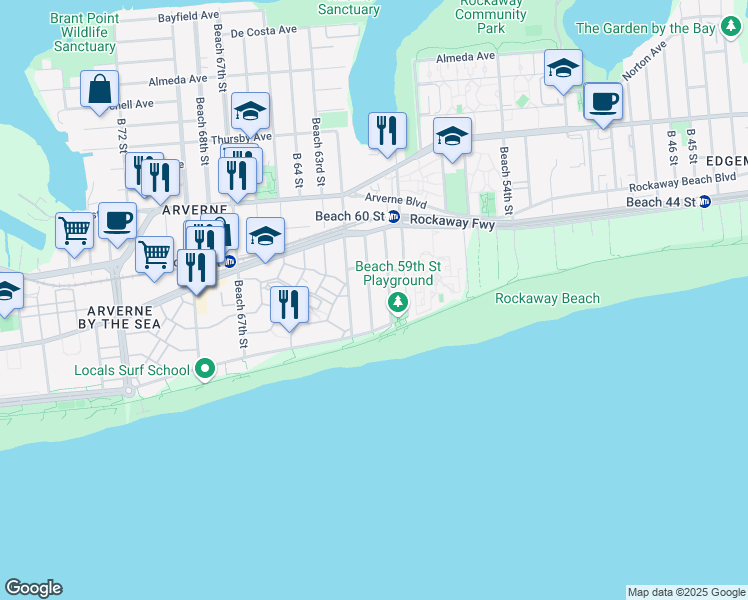 map of restaurants, bars, coffee shops, grocery stores, and more near 122 Beach 61st Street in Queens