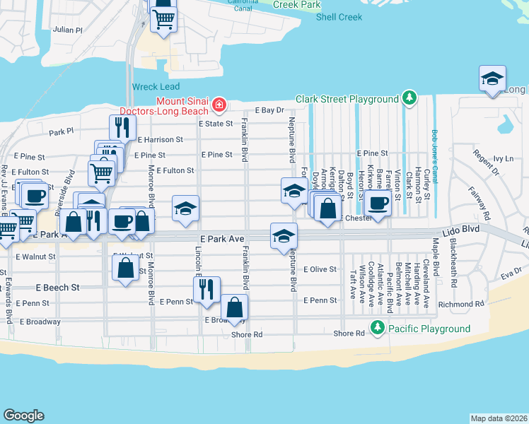 map of restaurants, bars, coffee shops, grocery stores, and more near 532 East Market Street in Long Beach
