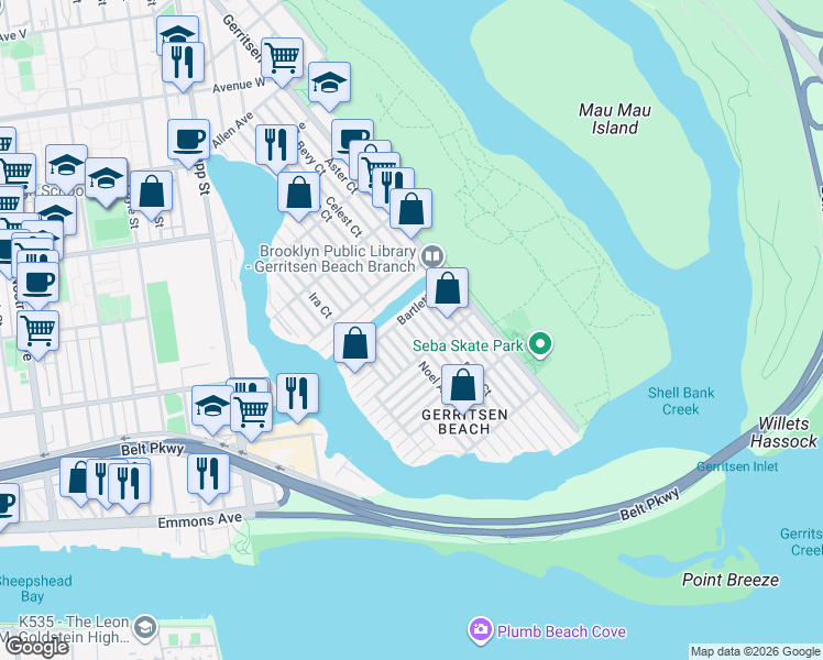 map of restaurants, bars, coffee shops, grocery stores, and more near 113 Dare Court in Brooklyn