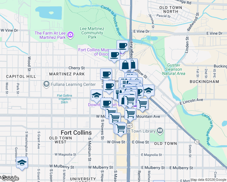 map of restaurants, bars, coffee shops, grocery stores, and more near 215 North Mason Street in Fort Collins