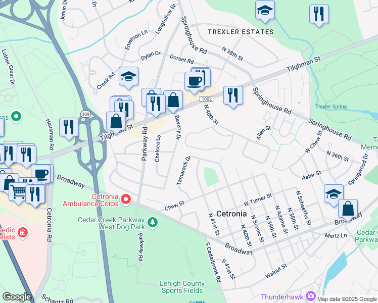 map of restaurants, bars, coffee shops, grocery stores, and more near 4093 Primrose Drive in Allentown