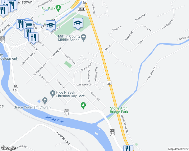 map of restaurants, bars, coffee shops, grocery stores, and more near 7 Winding Way in Lewistown