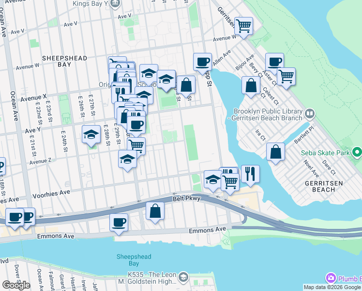 map of restaurants, bars, coffee shops, grocery stores, and more near 2608 Coyle Street in Brooklyn