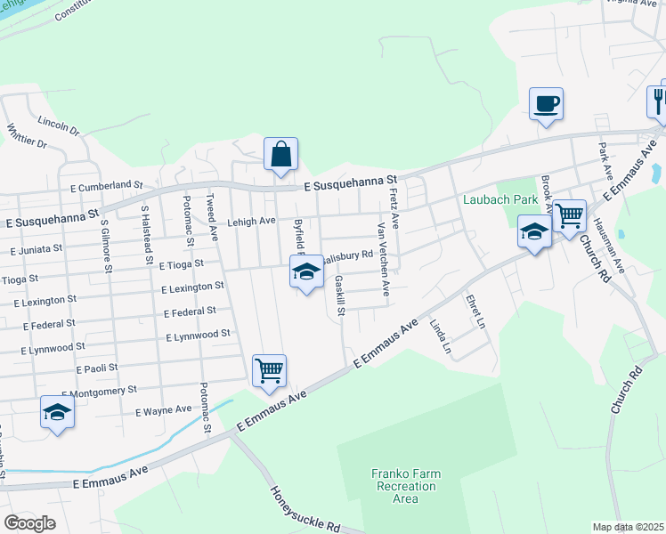 map of restaurants, bars, coffee shops, grocery stores, and more near 1400 Gaskill Street in Allentown