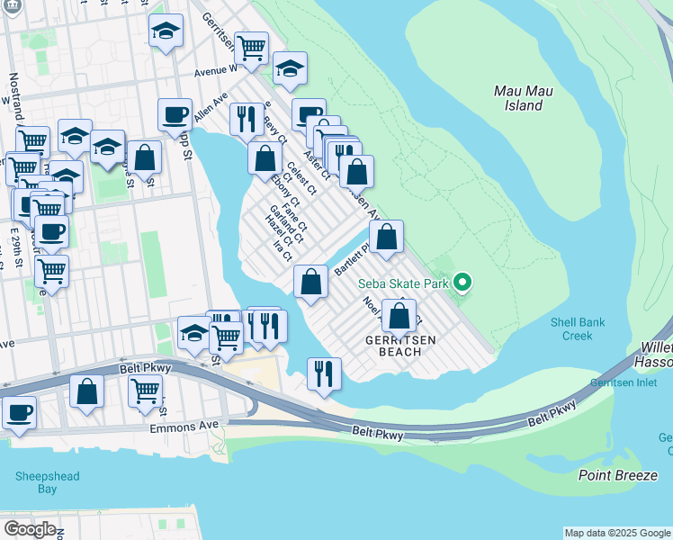 map of restaurants, bars, coffee shops, grocery stores, and more near 53 Bartlett Place in Brooklyn