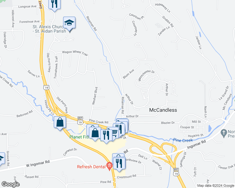map of restaurants, bars, coffee shops, grocery stores, and more near 9905 Willow Drive in Wexford