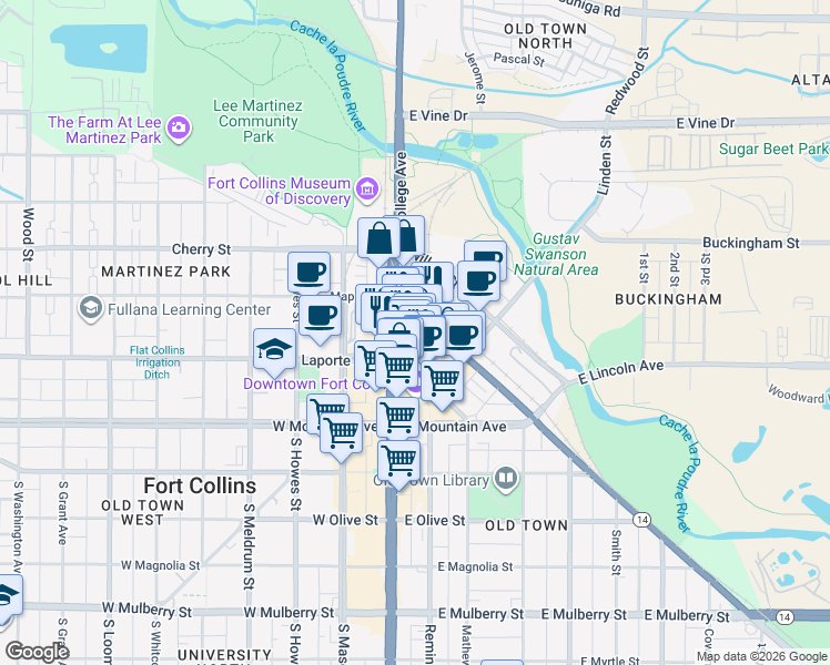 map of restaurants, bars, coffee shops, grocery stores, and more near 244 North College Avenue in Fort Collins