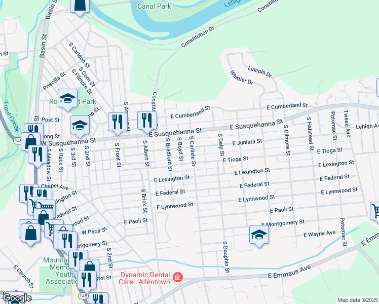 map of restaurants, bars, coffee shops, grocery stores, and more near 242 East Juniata Street in Allentown