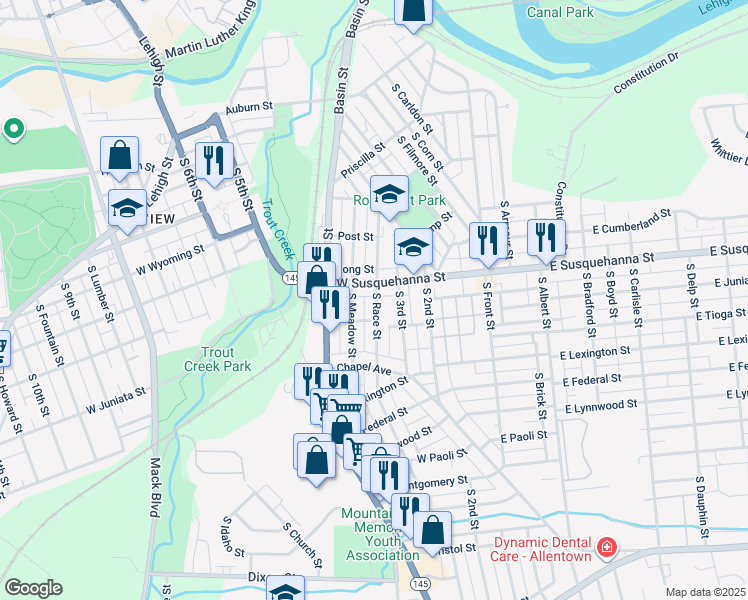 map of restaurants, bars, coffee shops, grocery stores, and more near 312 West Susquehanna Street in Allentown