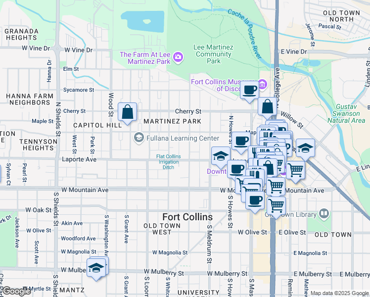 map of restaurants, bars, coffee shops, grocery stores, and more near 219 North Sherwood Street in Fort Collins